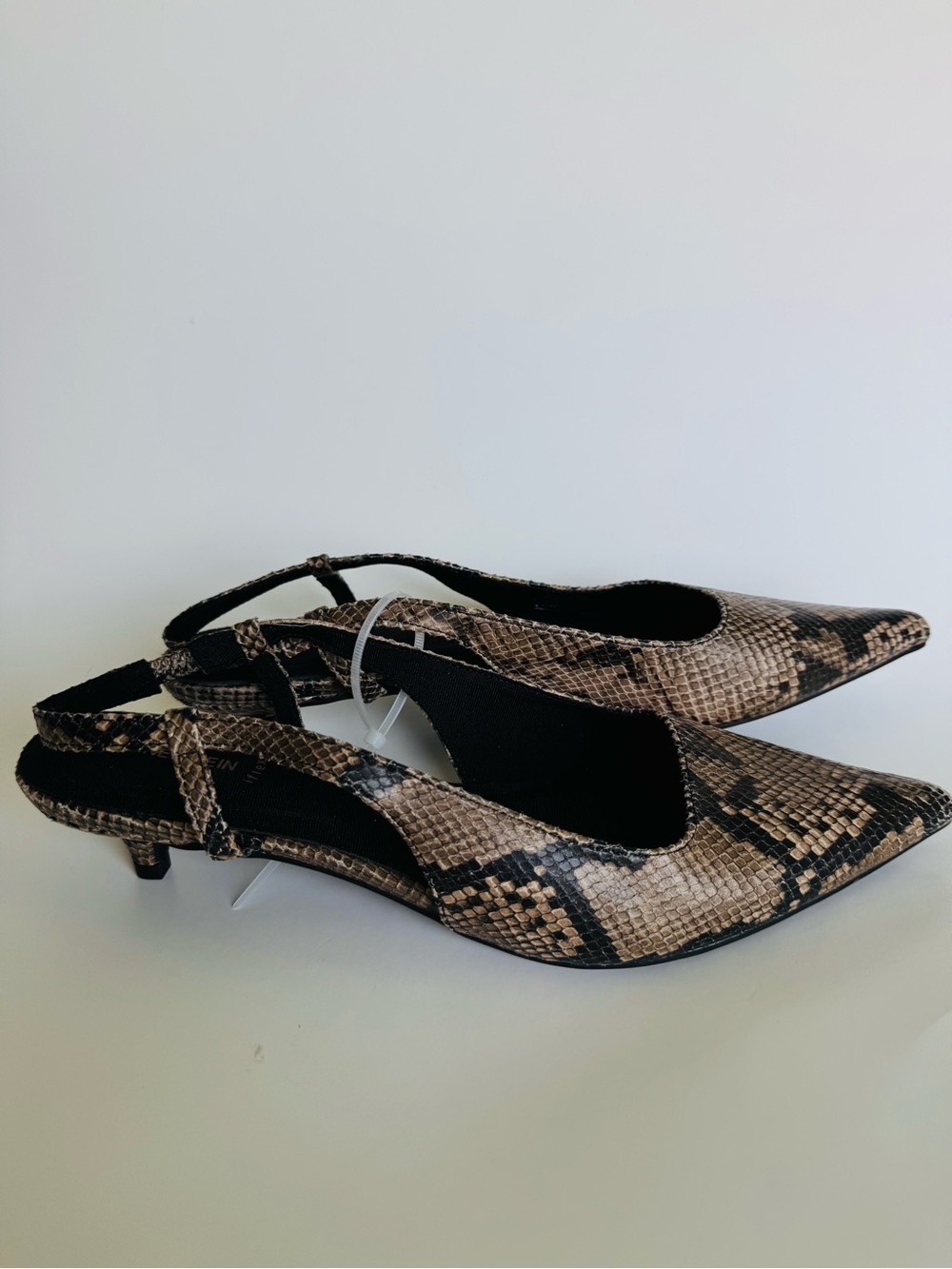 Anne Klein Beige and Black Snake-Print Slingback Kitten Heels